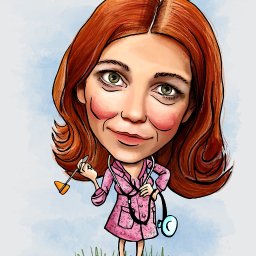 Michał Stawicki - Karykatura kobiety w różowym szlafroku, ze stetoskopem i młoteczkiem neurologicznym, stojącej na trawie.