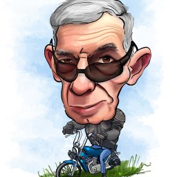 Michał Stawicki - Karykatura mężczyzny w okularach, ubranego w skórzaną kurtkę, siedzącego na niebieskim motocyklu na tle akwarelowego nieba.