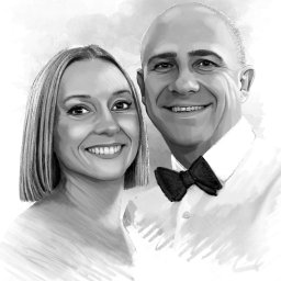 Michał Stawicki - Czarno-biały, cyfrowy portret pary: uśmiechnięta kobieta z krótkimi włosami i mężczyzna w muszce, wykonany w stylu szkicu ołówkiem.