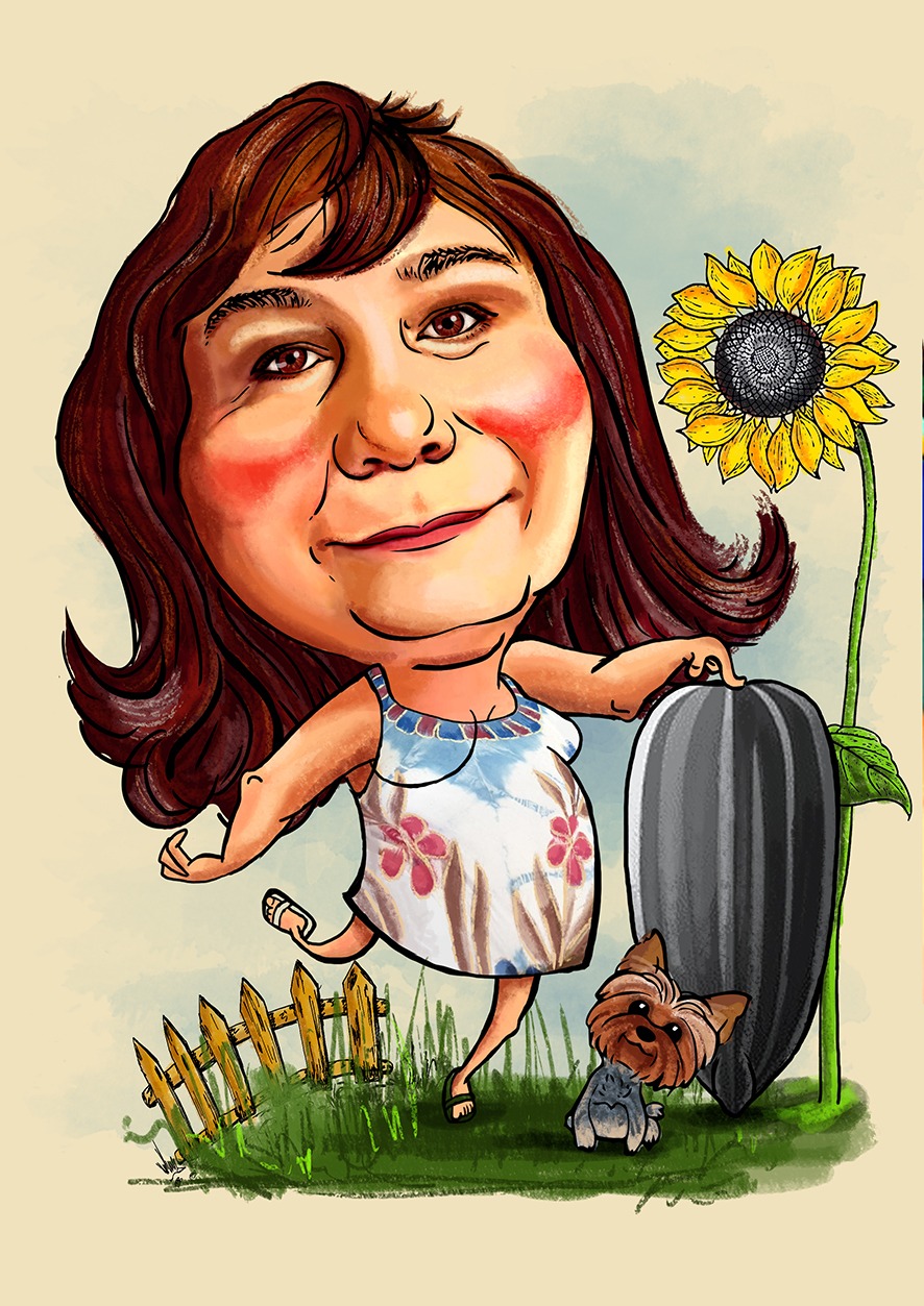 Karykatura kobiety w letniej sukience, stojącej obok słonecznika i olbrzymiego ziarna, z małym psem u stóp, na tle pastorażowego krajobrazu z płotem.
