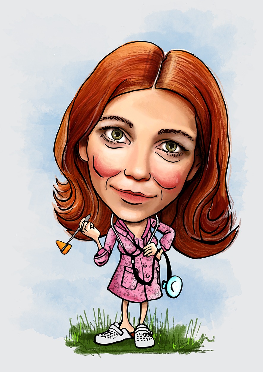 Karykatura kobiety w różowym szlafroku, ze stetoskopem i młoteczkiem neurologicznym, stojącej na trawie.