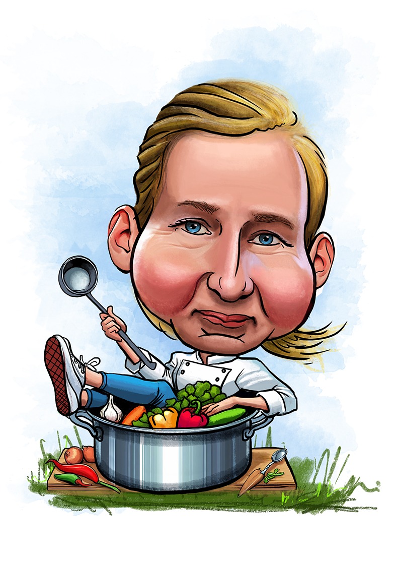 Karykatura szefa kuchni w stroju roboczym, siedzącego w garnku pełnym warzyw, trzymającego chochlę, na tle rozmytego nieba.