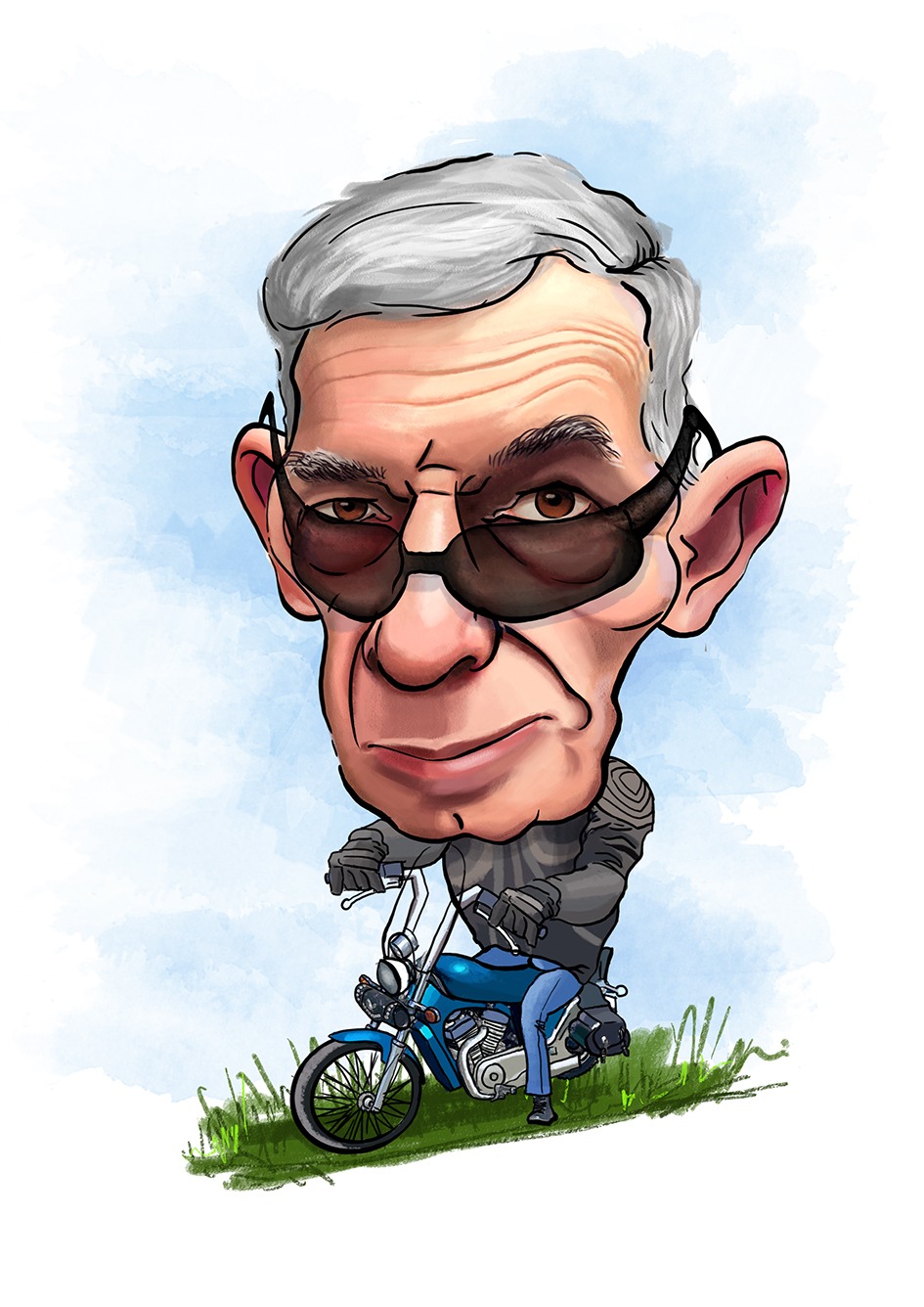Karykatura mężczyzny w okularach, ubranego w skórzaną kurtkę, siedzącego na niebieskim motocyklu na tle akwarelowego nieba.