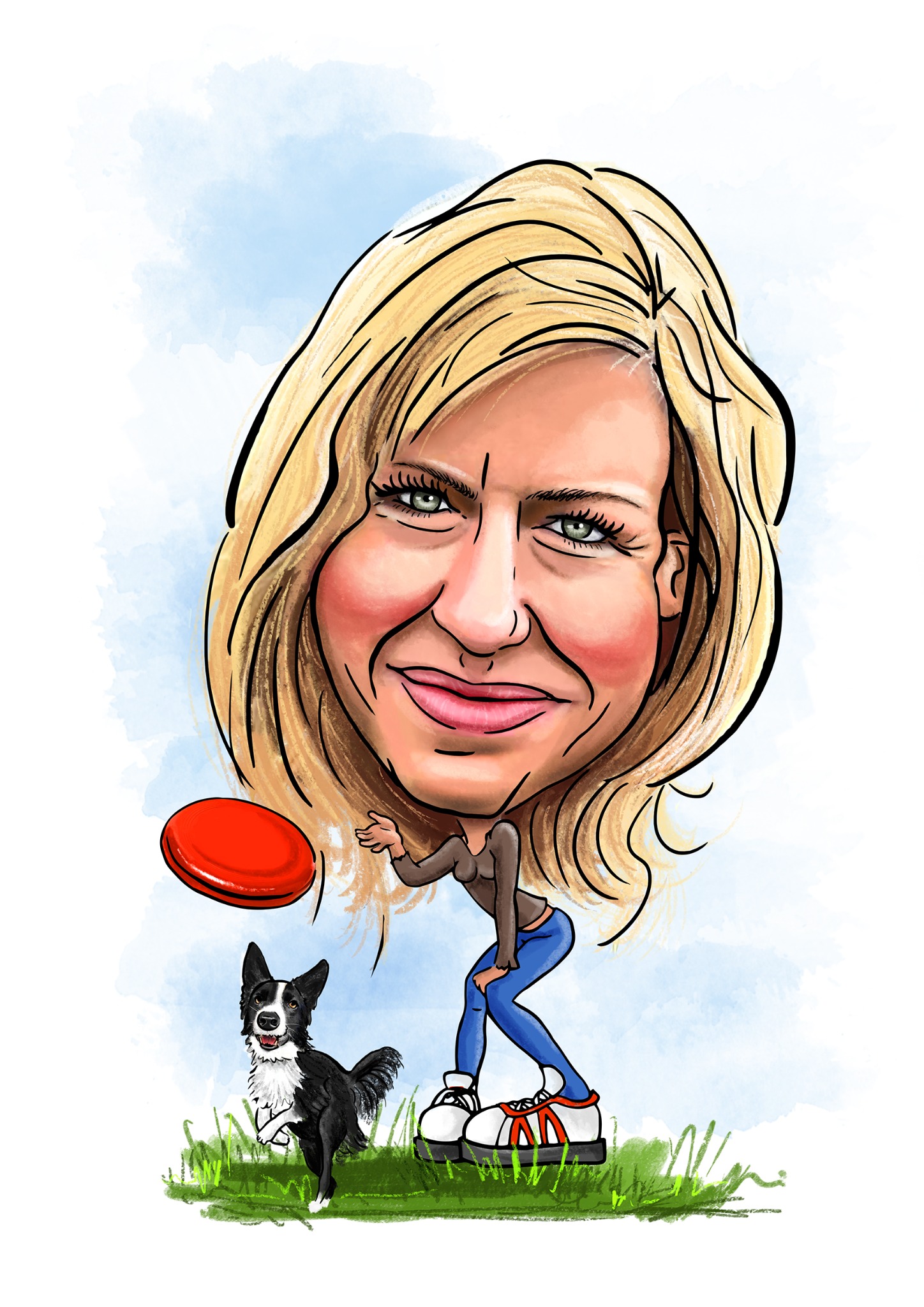 Cyfrowa karykatura kobiety z blond włosami rzucającej frisbee do psa Border Collie na trawie, stylizowane, duże buty.