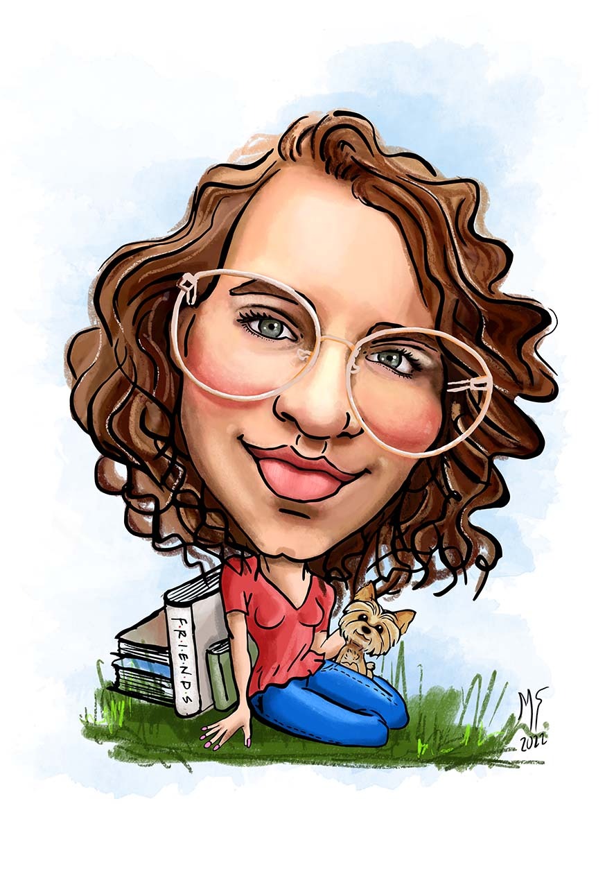 Ręcznie rysowany portret karykaturalny kobiety w okularach z psem rasy Yorkshire Terrier siedzącej na trawie obok stosu książek.