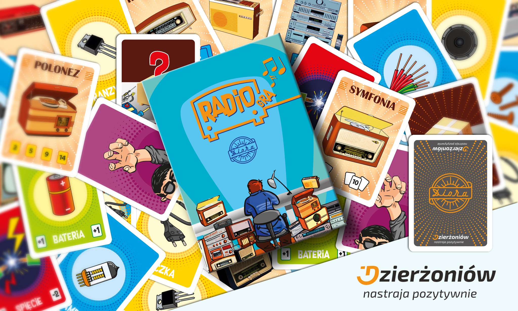 Rozłożona gra planszowa z ilustracjami przedstawiającymi radia, elementy elektroniczne i postać majsterkowicza pracującego nad radiem, z logo firmy Dzierżoniów na kartach.