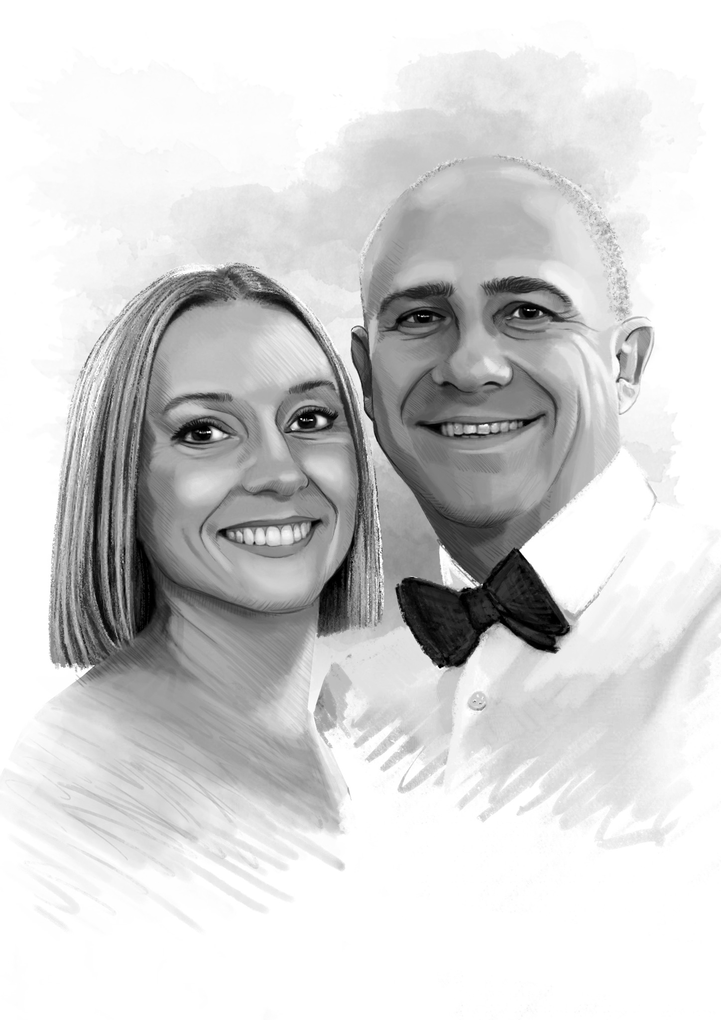Czarno-biały, cyfrowy portret pary: uśmiechnięta kobieta z krótkimi włosami i mężczyzna w muszce, wykonany w stylu szkicu ołówkiem.