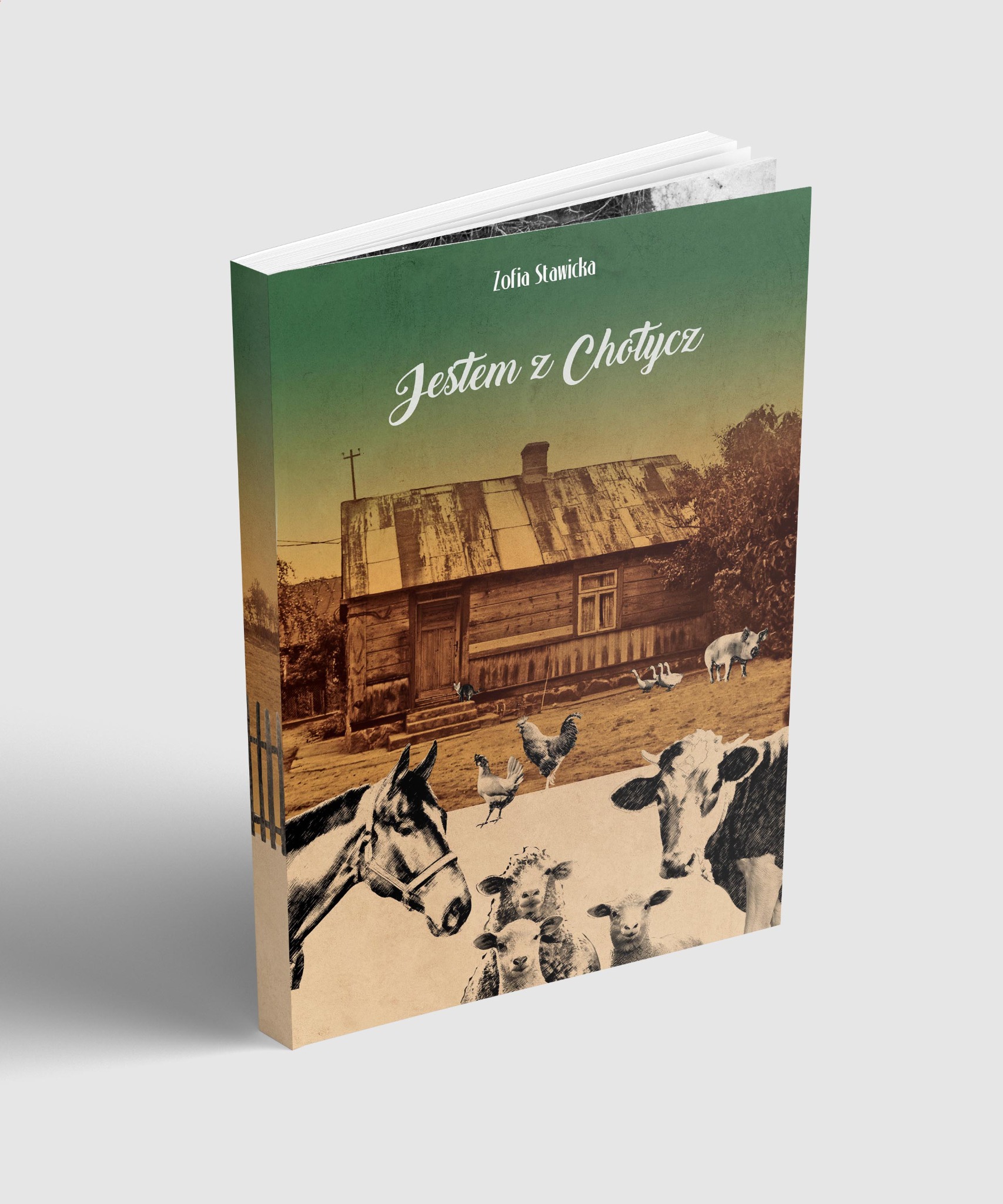 Okładka książki 'Jestem z Chotyczy' Zofii Stawickiej, z ilustracją wiejskiego krajobrazu i zwierząt gospodarskich w stylu retro, na neutralnym tle.