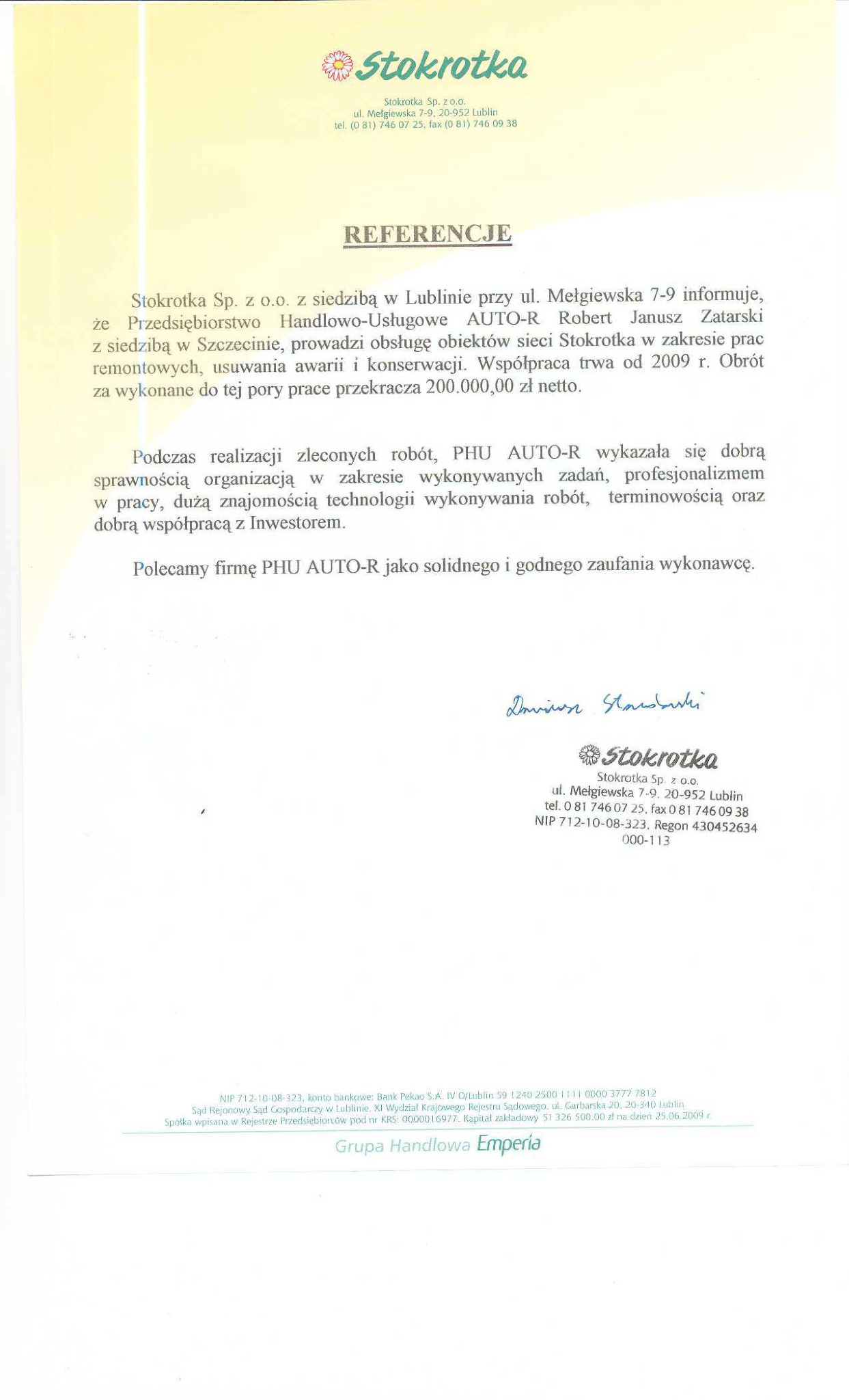 Referencje od Firmy Stokrotka za okres 2008 r.