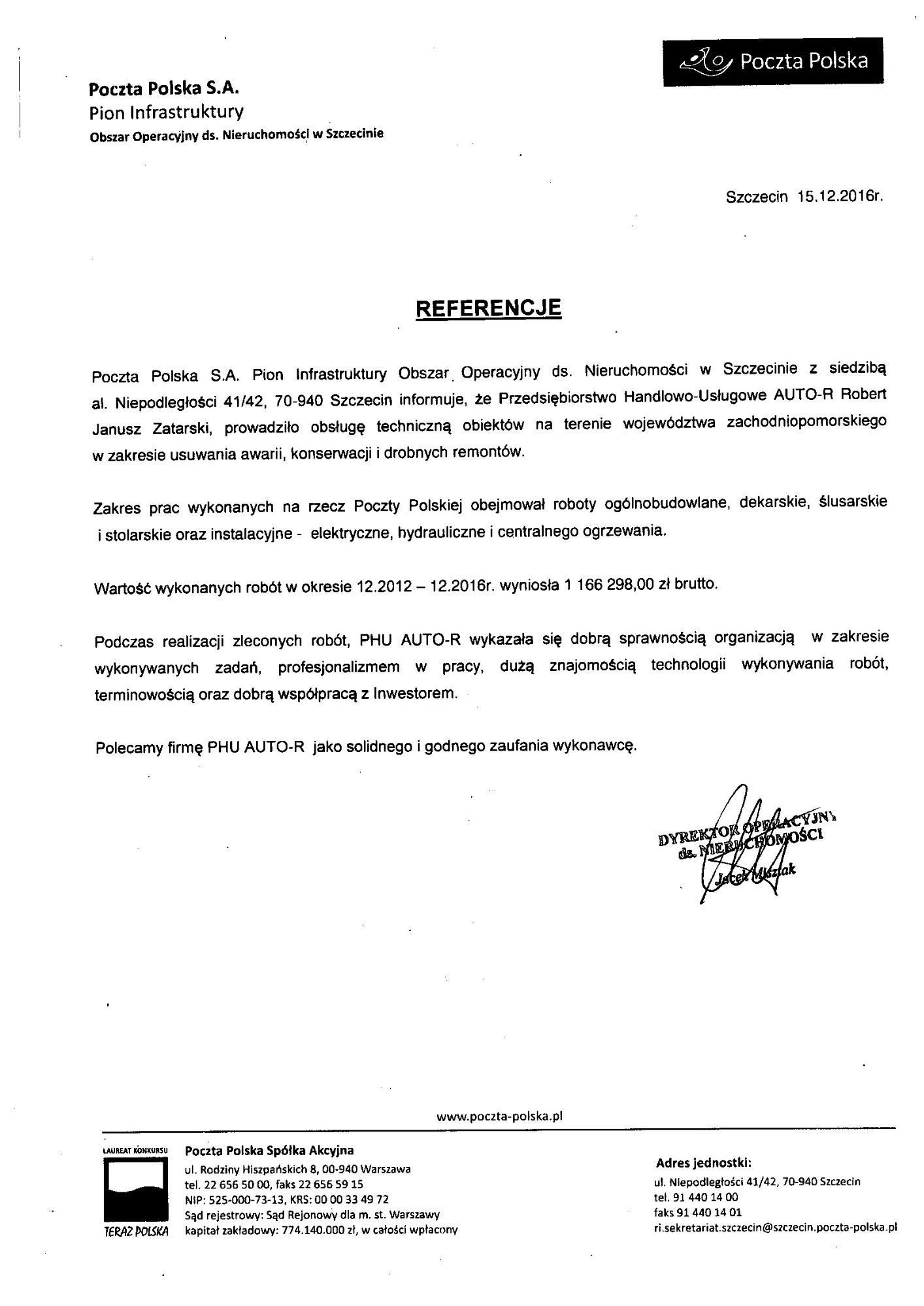 Referencje od Poszta Polska S.A za okres 12.2012 - 12.2016