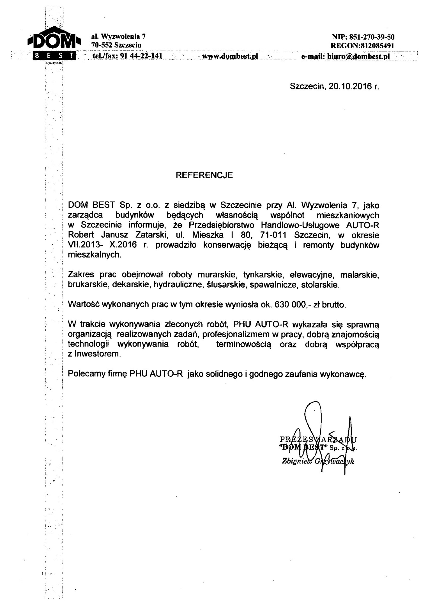 Referencje DOM BEST za okres 2013 - 2016