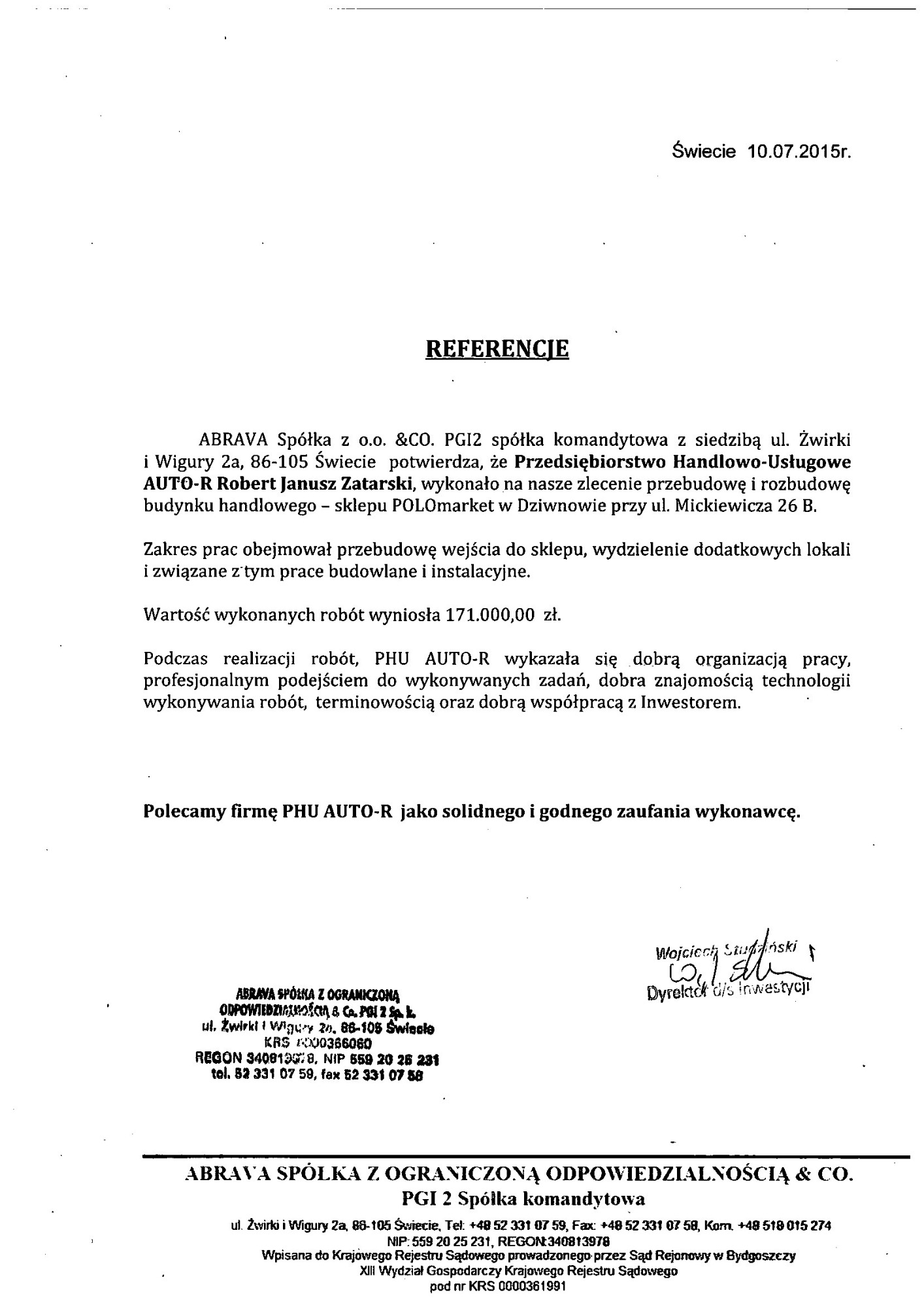 Referencje Abrava za przebudowe i rozbudowe sklepu POlOmarket w okresie 2015r.