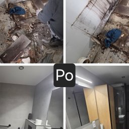 NorBud Norbert Pawlak - Remont łazienki: kolaż 'przed' (demontaż starej podłogi) i 'po' (nowoczesna łazienka z szarą glazurą, oświetleniem LED i drewnianymi szafkami).