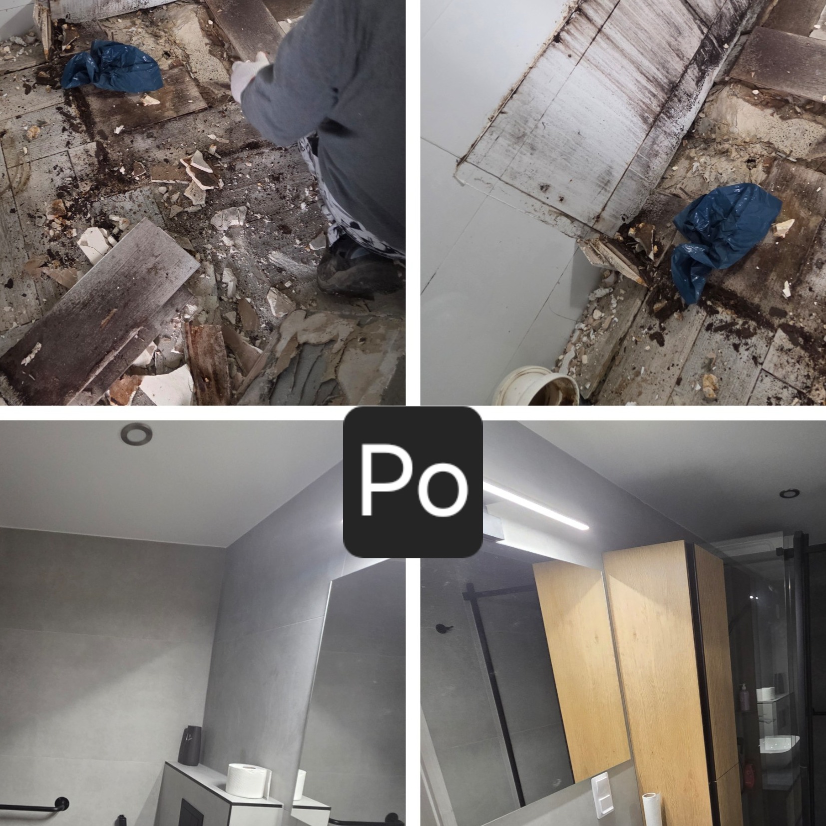 Remont łazienki: kolaż 'przed' (demontaż starej podłogi) i 'po' (nowoczesna łazienka z szarą glazurą, oświetleniem LED i drewnianymi szafkami).