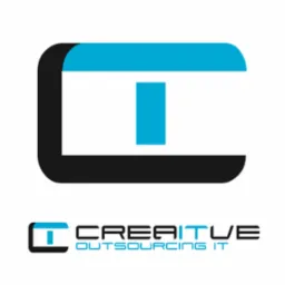 Logo firmy Creative Outsourcing IT z abstrakcyjnym symbolem w kolorach czarnym i błękitnym, stylizowanym na literę 'C'.