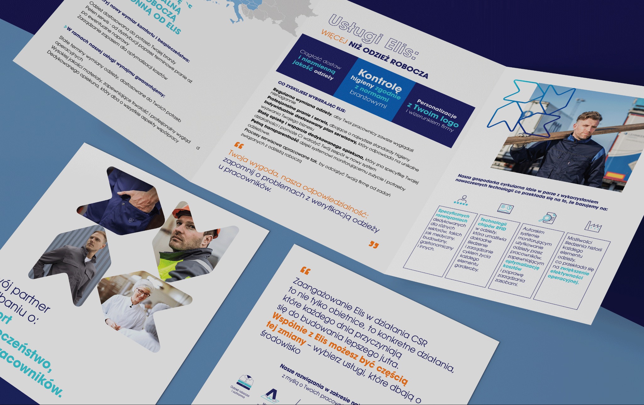 Ulotka reklamowa Elis prezentuje usługi wynajmu odzieży roboczej z kontrolą higieny, personalizacją logo i cyrkularną gospodarką. Widoczni pracownicy w różnych branżach.
