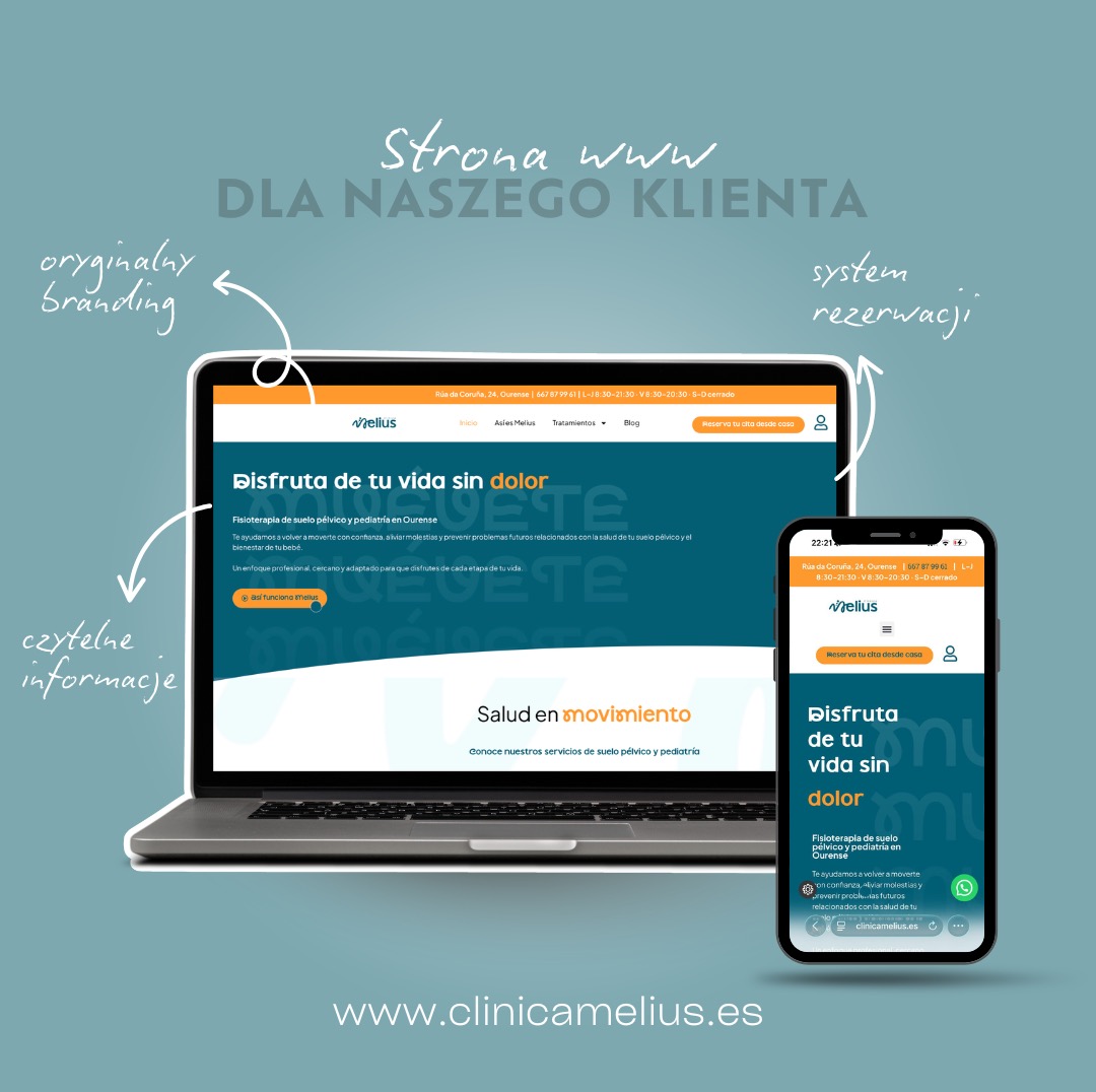 Strona www kliniki na laptopie i smartfonie. Czytelne informacje, oryginalny branding, system rezerwacji. Prezentacja strony www.clinicamelius.es.