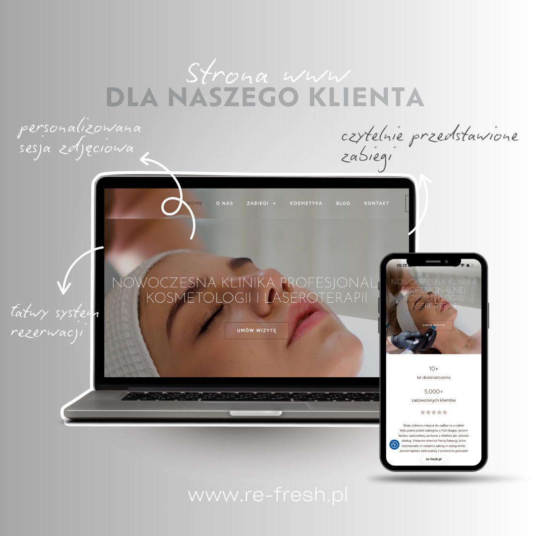 Responsywna strona WWW kliniki kosmetologii na laptopie i smartfonie. Czytelny układ, łatwy system rezerwacji, personalizowana sesja zdjęciowa, nowoczesny design.