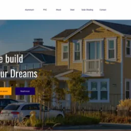 Żółty dom szeregowy z białymi oknami, widoczny z ulicy z zaparkowanymi samochodami, prezentowany na stronie internetowej firmy budowlanej z hasłem 'We build Your Dreams'.