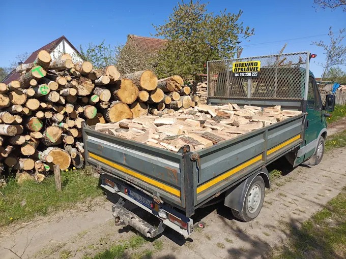 Ciężarówka z drewnem opałowym na pace, obok stos pociętych pni z zielonymi oznaczeniami. Tablica reklamowa z napisem 'Drewno opałowe'.