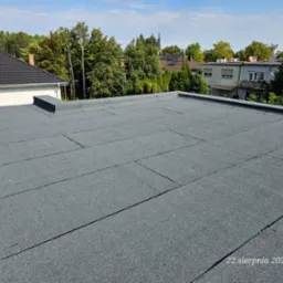 Szczegółowe ujęcie płaskiego dachu pokrytego papą termozgrzewalną na tle zieleni drzew i zabudowań, wykonane w słoneczny dzień.