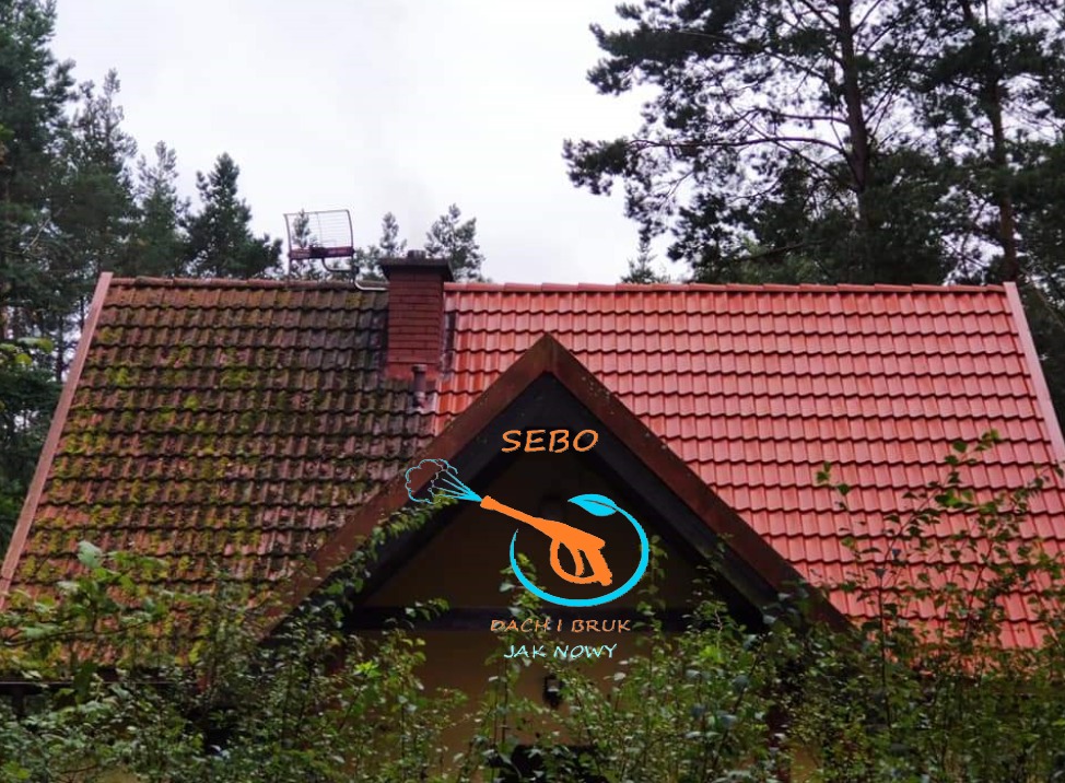 Częściowo wyczyszczony dach z czerwonej dachówki, widoczna różnica między brudną, porośniętą mchem połową a czystą, czerwoną połową dachu. Na dachu antena. Na zdjęciu widoczne logo firmy.