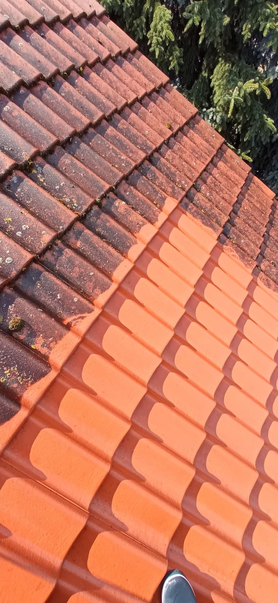 Częściowo oczyszczony, pomarańczowy dach z ceramicznej dachówki, po lewej stronie pokryty mchem i brudem, po prawej czysty i lśniący, widok z góry.