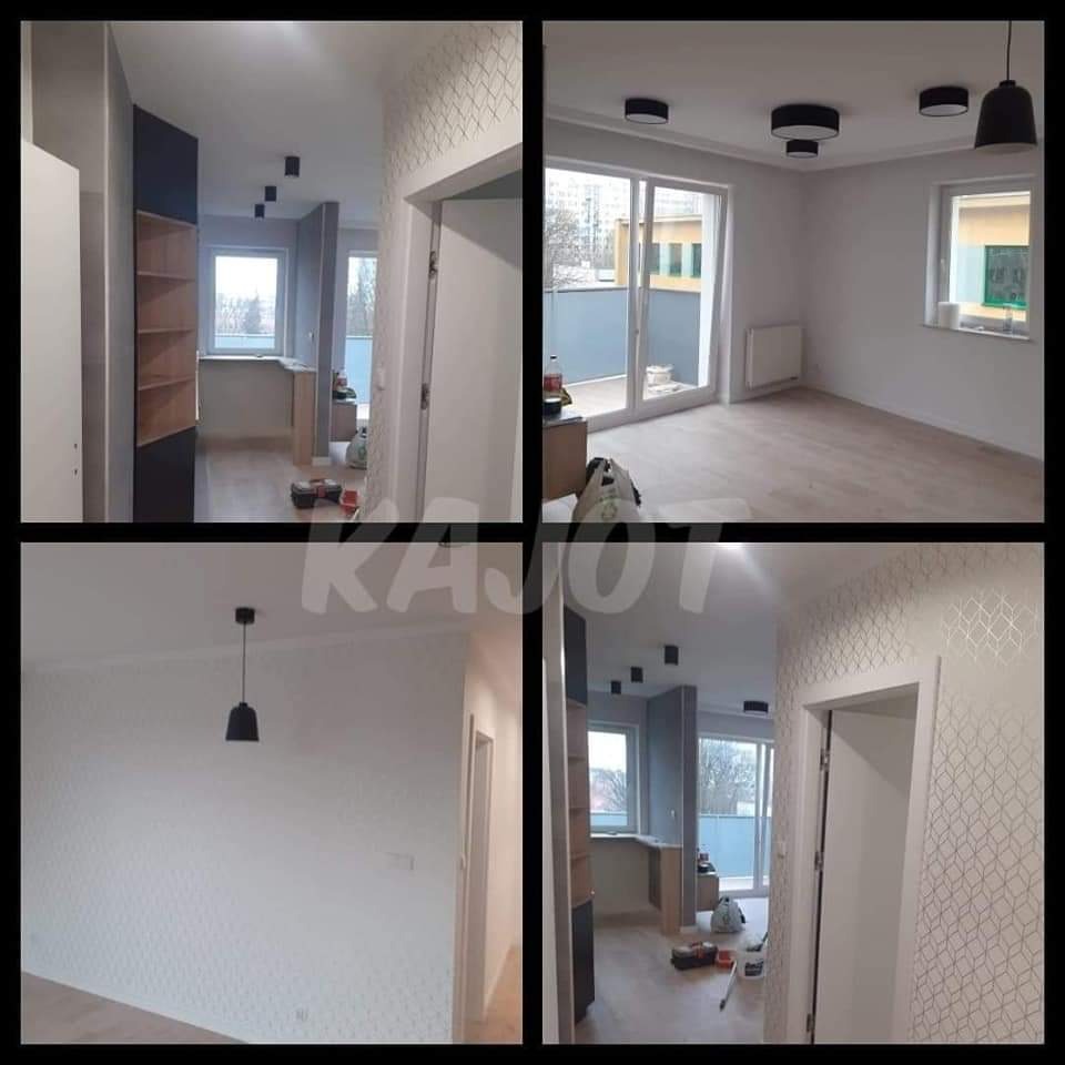 Mozaika czterech ujęć wnętrza mieszkania po odświeżeniu: pokój z jasnymi ścianami w geometryczny wzór, widok na balkon, minimalistyczne oświetlenie sufitowe, częściowo umeblowane wnętrze...