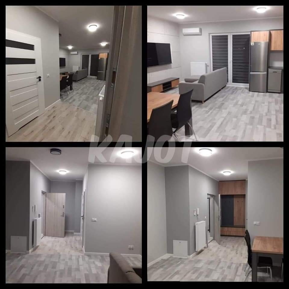 Kolaż zdjęć odnowionego mieszkania w szarościach z drewnianymi akcentami, prezentujący przedpokój z drzwiami wewnętrznymi, salon z szarą sofą i telewizorem oraz aneks kuchenny ze srebrną lodówką.