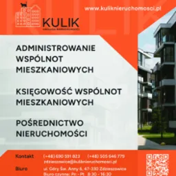 Grafika reklamowa firmy Kulik Nieruchomości prezentująca budynek wielorodzinny, logo firmy z sylwetką kota na tle budynków oraz hasła: Administrowanie Wspólnot Mieszkaniowych, Księgowość Wspólnot...