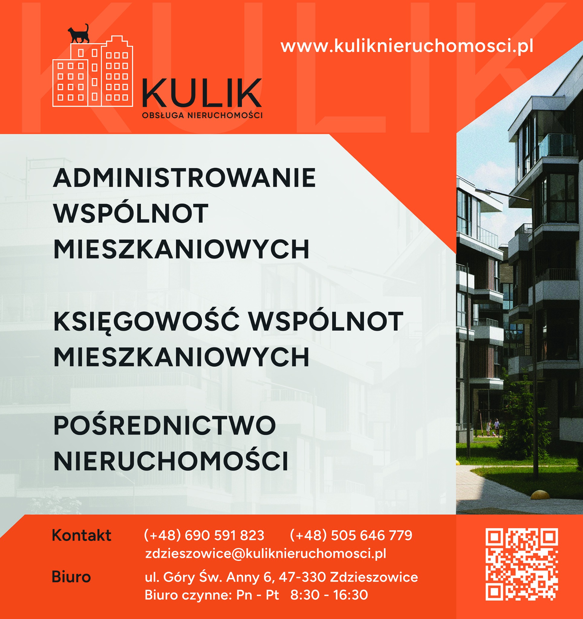 Grafika reklamowa firmy Kulik Nieruchomości prezentująca budynek wielorodzinny, logo firmy z sylwetką kota na tle budynków oraz hasła: Administrowanie Wspólnot Mieszkaniowych, Księgowość Wspólnot...