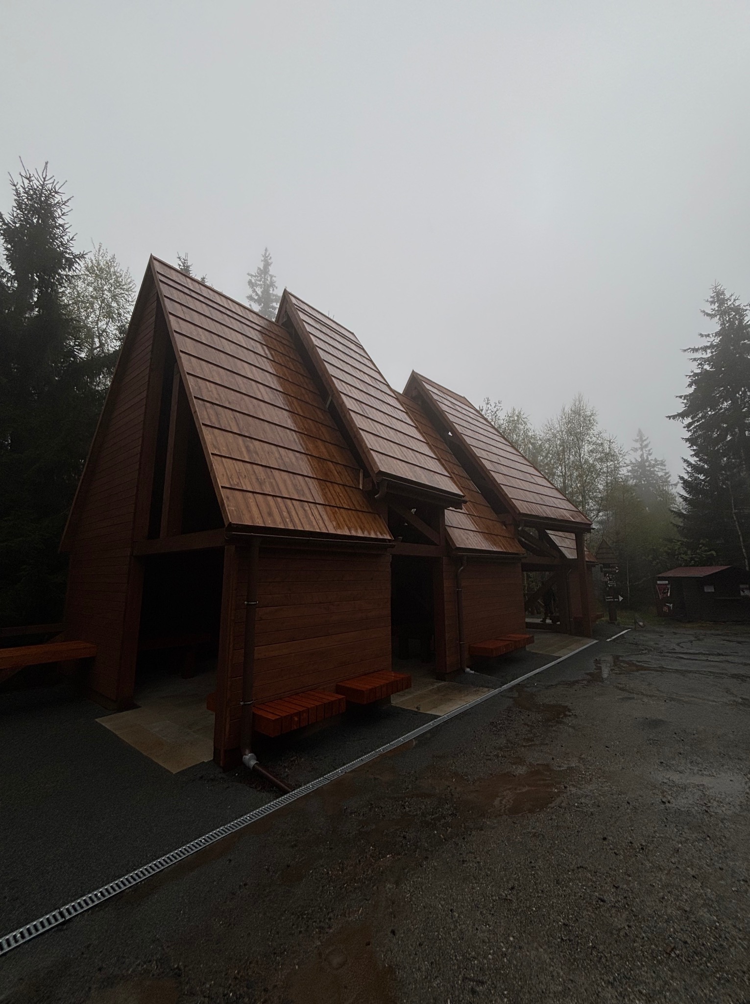 Nowoczesna, drewniana altana z trzema segmentami i spadzistymi dachami, otoczona lasem we mgle. Widoczne ławki wewnątrz i drenaż liniowy na zewnątrz.