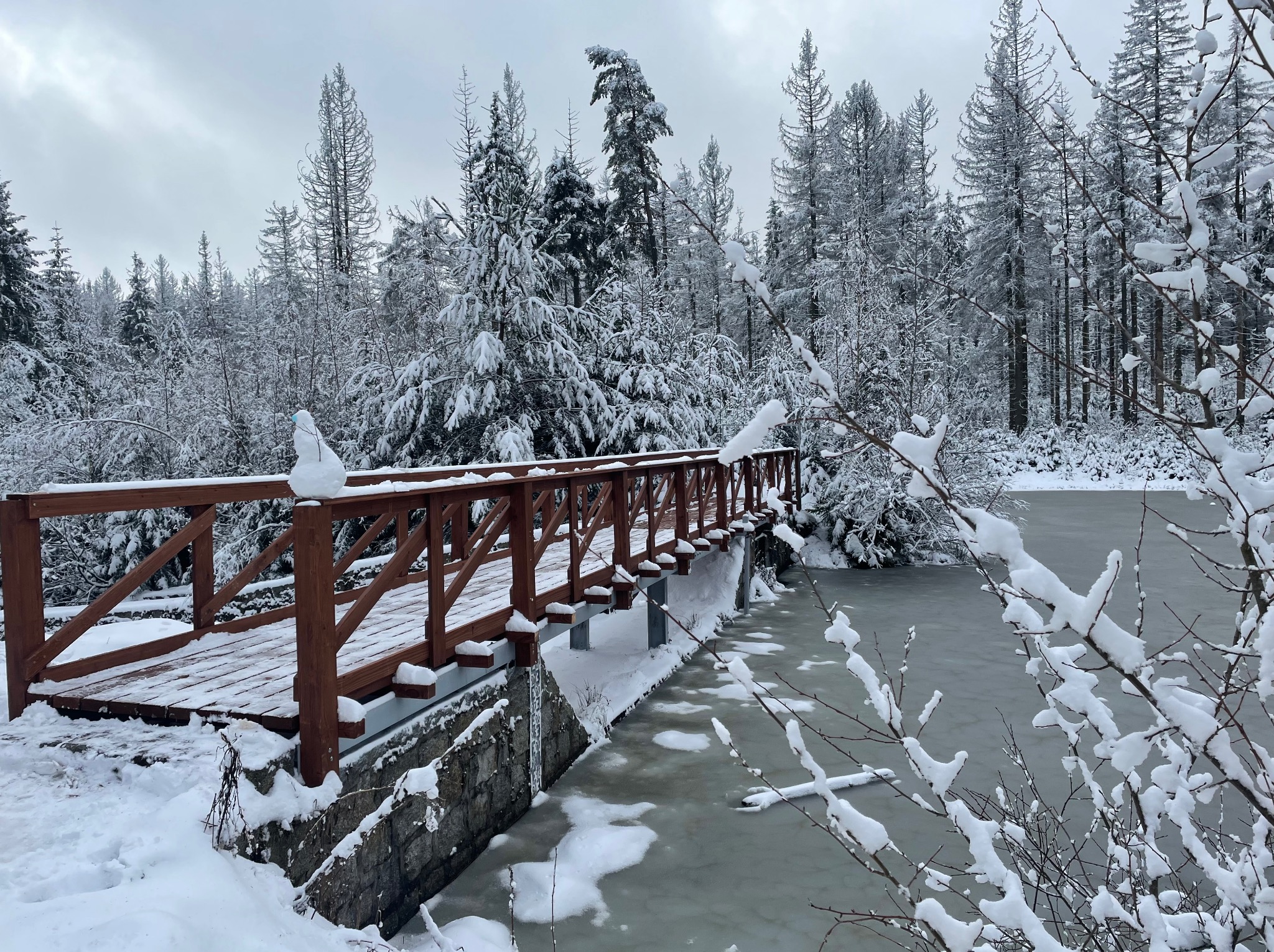 Zimowy krajobraz z drewnianym mostkiem, na którym stoi bałwan. Śnieg pokrywa drzewa i taflę zamarzniętego jeziora. Ujęcie z niskiej perspektywy.