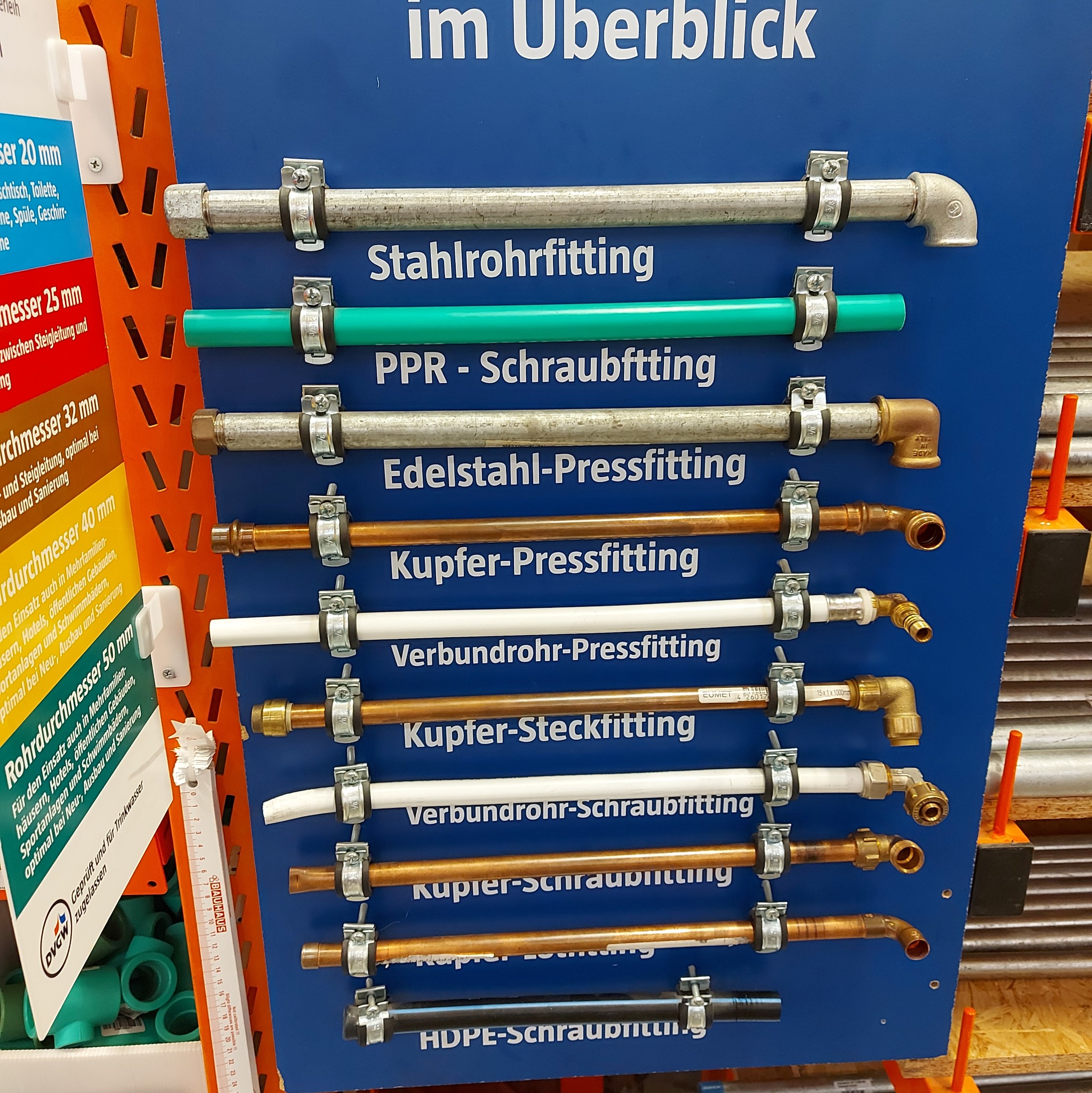 Ekspozycja różnych rodzajów rur i złączek instalacyjnych, w tym stalowych, PPR, ze stali nierdzewnej, miedzianych i z tworzyw sztucznych, przymocowanych do niebieskiej tablicy z opisami.