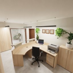 SETGAM MAGDALENA STANECKA - Wizualizacja biura: recepcja z blatem w kształcie litery L, biurko, krzesło obrotowe, szafki, drukarka, komputer, rośliny doniczkowe i żaluzje drewniane.