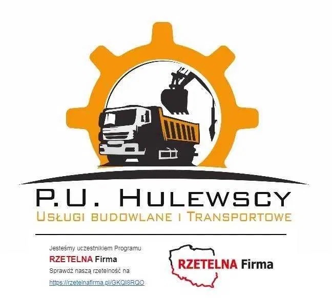 Logo firmy budowlanej i transportowej P.U. HULEWSCY z grafiką koparki na ciężarówce wewnątrz pomarańczowego koła zębatego. Informacja o programie Rzetelna Firma i link do weryfikacji.