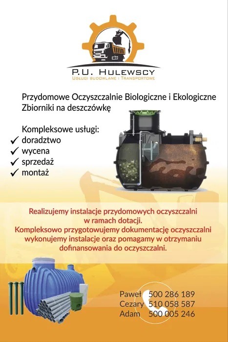 Grafika reklamowa firmy P.U. Hulewscy oferującej przydomowe oczyszczalnie biologiczne i ekologiczne, zbiorniki na deszczówkę, doradztwo, wycenę, sprzedaż i montaż, z wizualizacją przekroju...