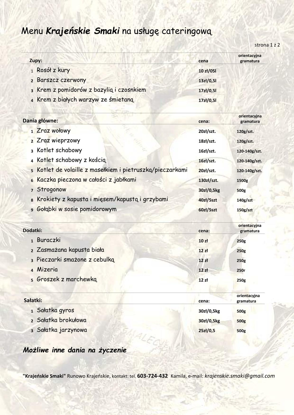 Menu standardowe. Możliwe inne dania, wg. życzenia klienta. str 1