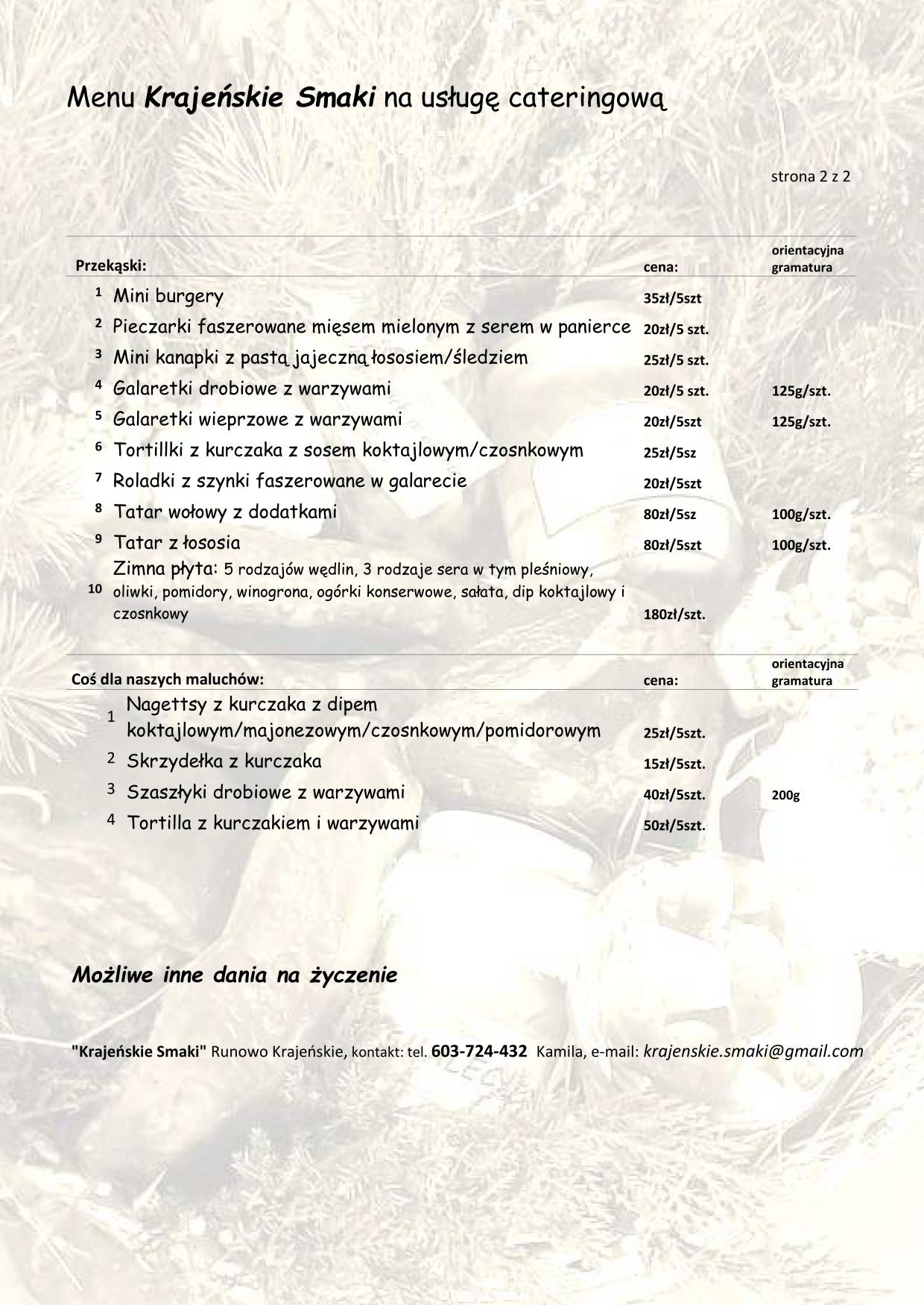 Menu standardowe. Możliwe inne dania, wg. życzenia klienta. str. 2