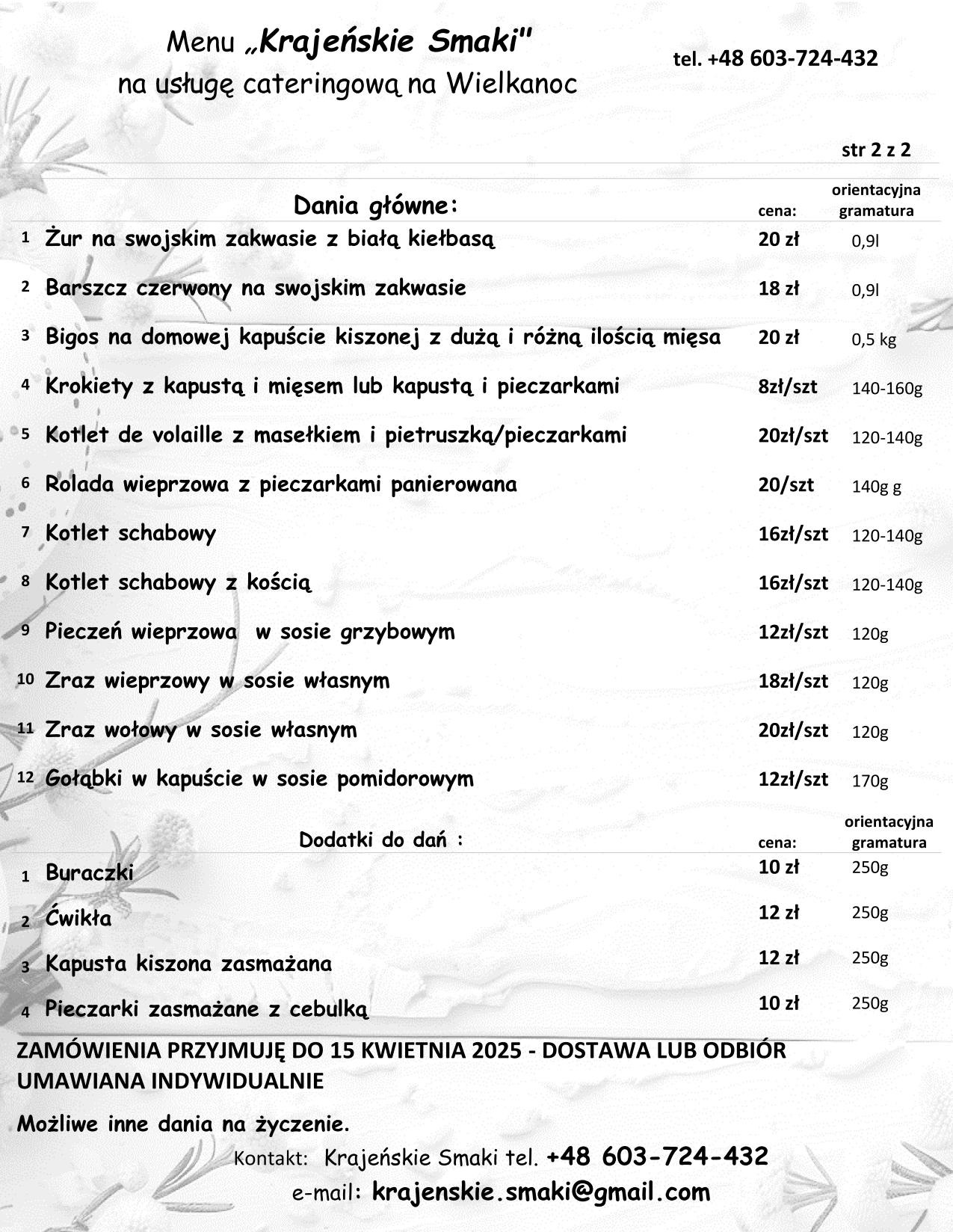 Menu restauracji 'Krajeńskie Smaki' z ofertą cateringową na Wielkanoc, zawierające listę dań głównych i dodatków z cenami i orientacyjną gramaturą.