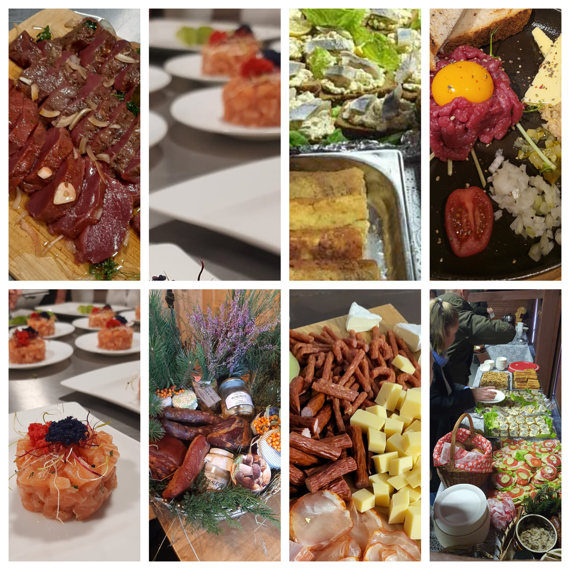 Kompozycja z ośmiu kadrów prezentująca różnorodne potrawy: tatar wołowy z żółtkiem, śledzie w śmietanie, przekąski z łososia z kawiorem, wędliny i sery na desce, oraz bufet z sałatkami i przekąskami.
