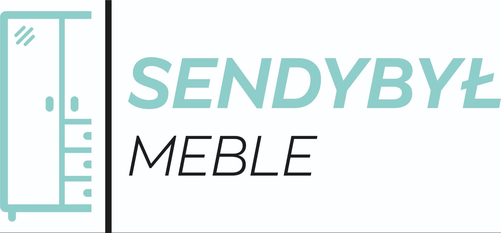 Graficzne logo firmy meblowej: stylizowany rysunek szafy z napisem 'SENDYBYŁ MEBLE' w kolorze turkusowym i czarnym.