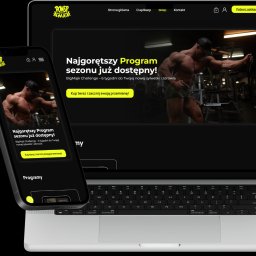 Simplepage.pl - Ekran laptopa i smartfona prezentujące stronę internetową z programem treningowym i wizerunkiem wysportowanego mężczyzny na siłowni, widoczne logo firmy Power Majk.