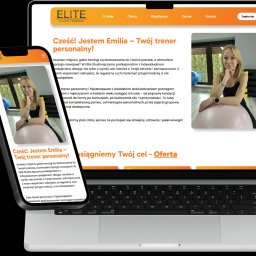 Simplepage.pl - Laptop i smartfon wyświetlające stronę internetową studia treningowego Elite Studio Treningu z trenerką Emilią na różowej piłce do ćwiczeń. Widoczne menu strony, oferta oraz nagłówek 'Cześć! Jestem...