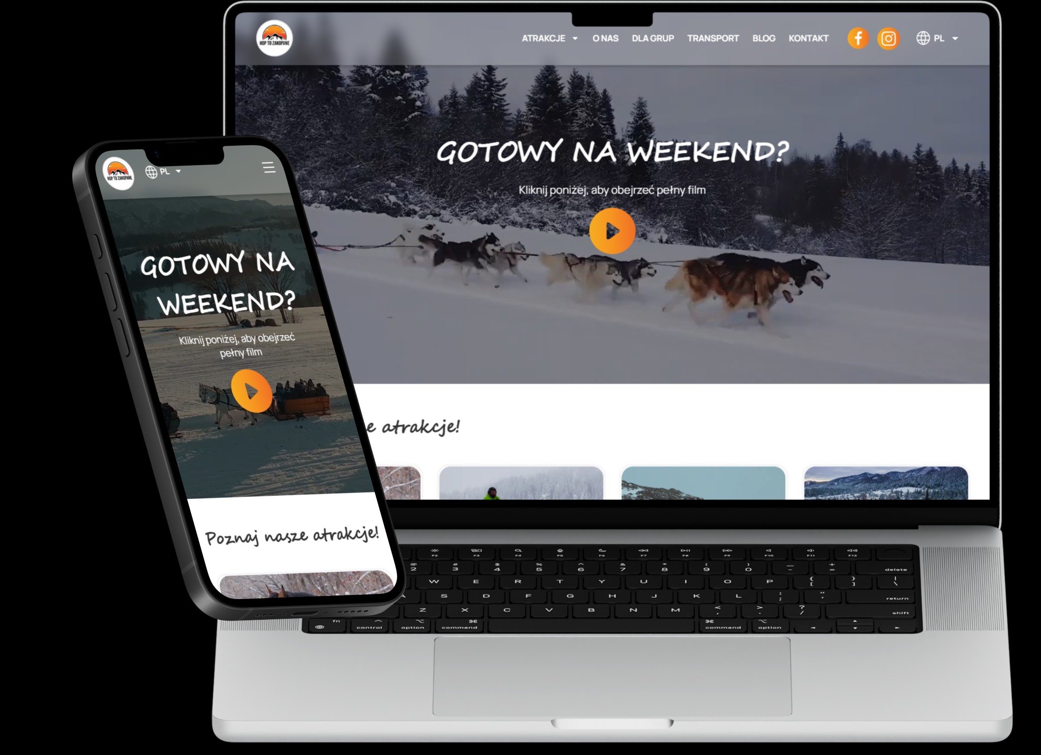 Ekran laptopa i smartfona prezentujące stronę internetową Hop-To-Zakopane z motywem zimowych atrakcji, w tle widoczne sanie zaprzężone w psy husky.