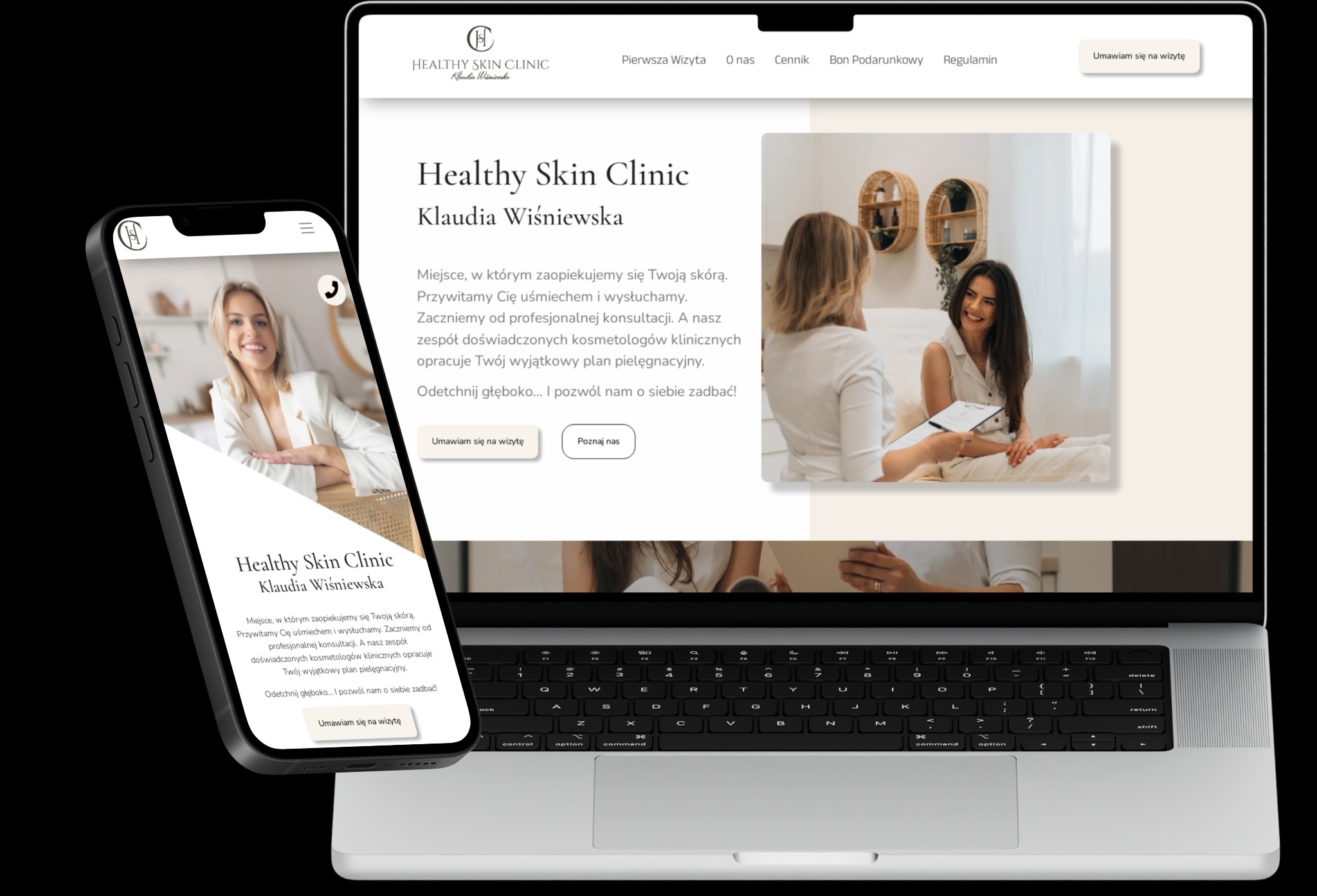 Responsywna strona internetowa kliniki medycznej Healthy Skin Clinic wyświetlana na laptopie i smartfonie, prezentująca ofertę usług i umożliwiająca rezerwację wizyt.