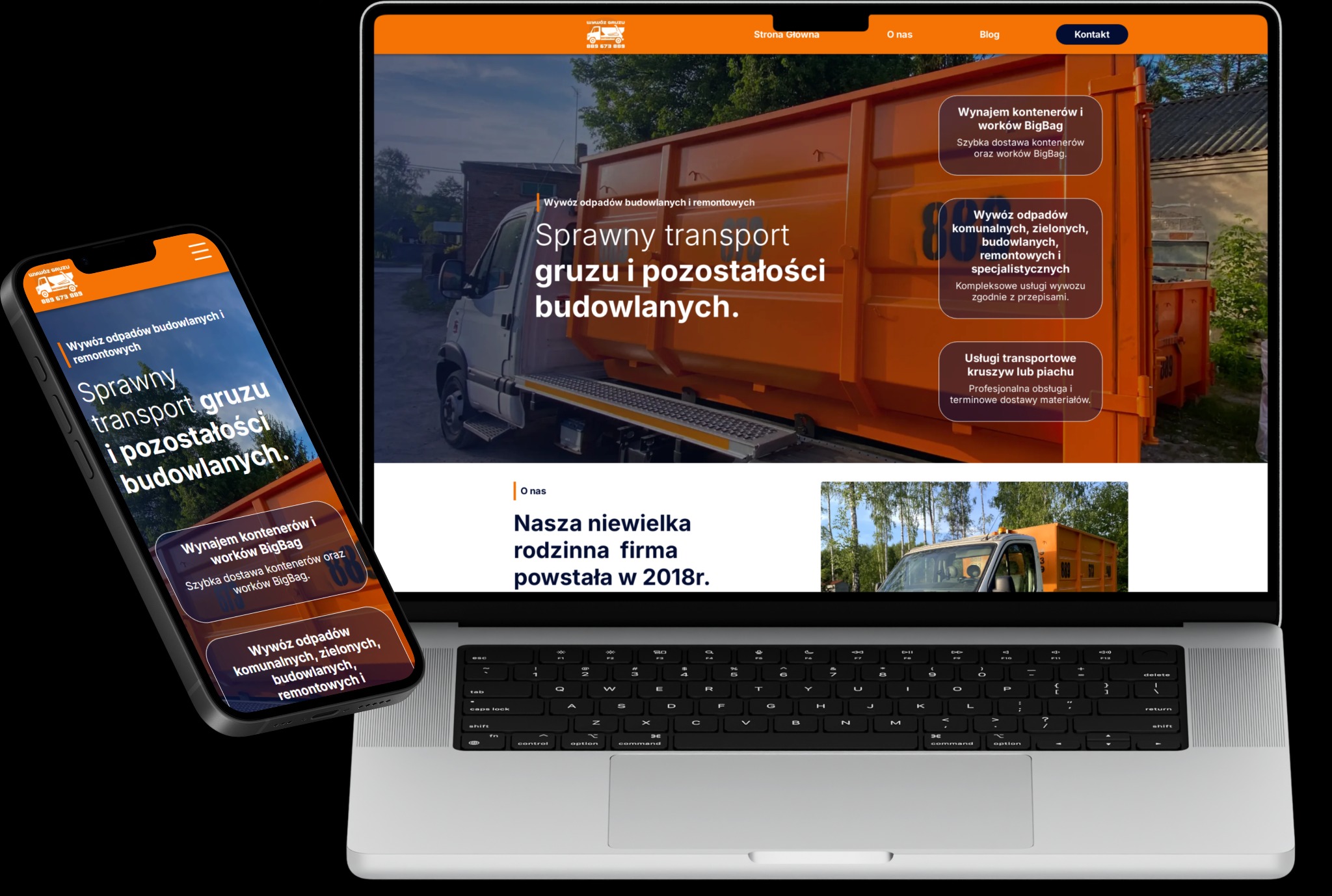 Prezentacja responsywnej strony internetowej na laptopie i smartfonie, ukazująca ofertę firmy zajmującej się wywozem gruzu i odpadów budowlanych, z wyraźnym pomarańczowym kontenerem na samochodzie...