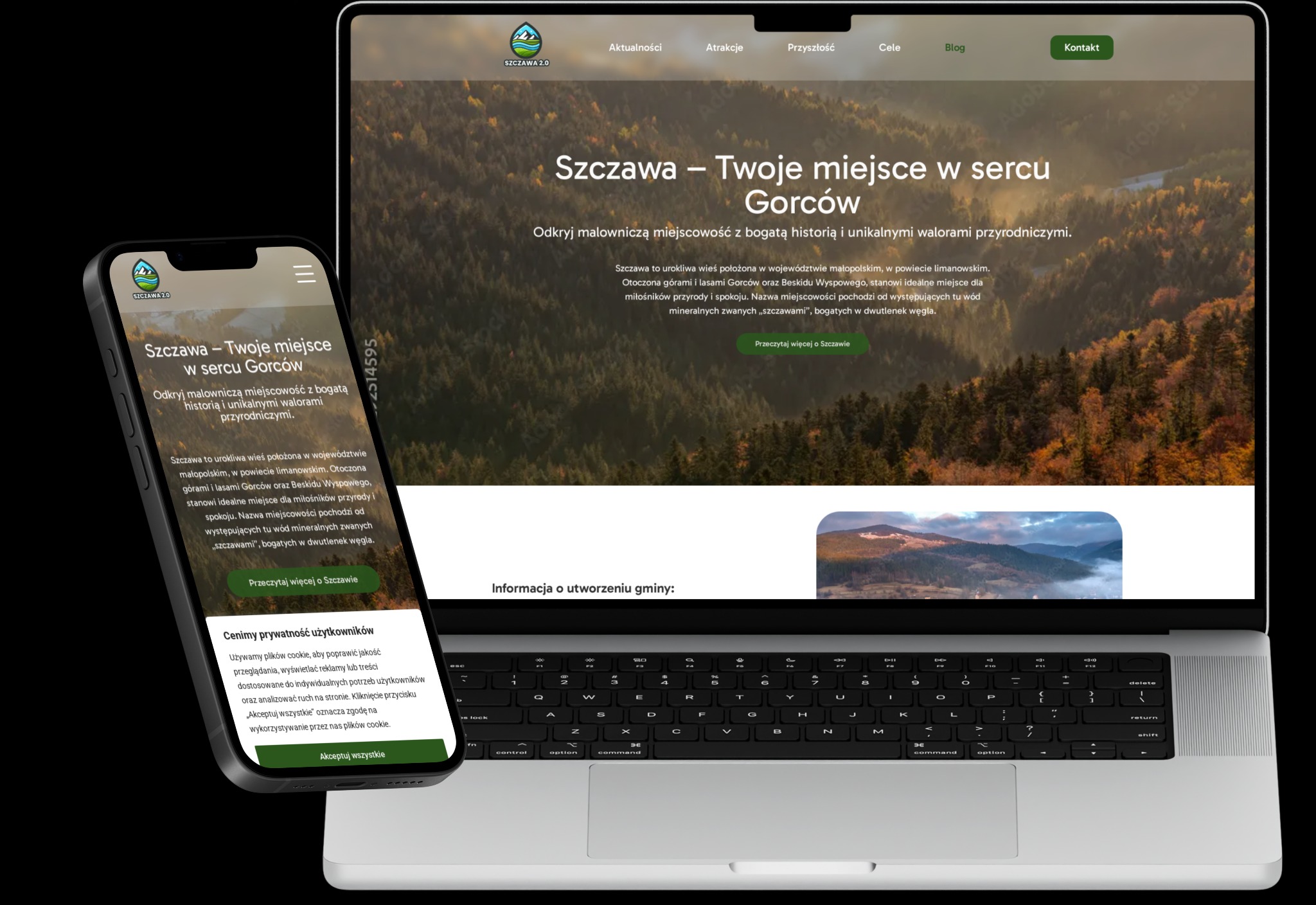 Responsywna strona internetowa Fundacji Szczawa wyświetlana na ekranie laptopa i smartfona, ukazująca jej nowoczesny wygląd i moduł bloga.