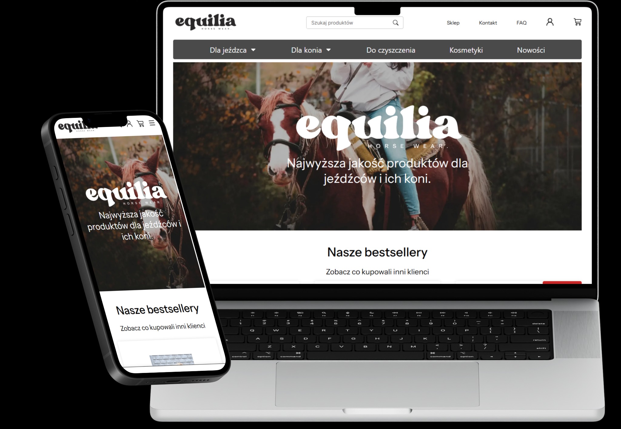 Prezentacja responsywnego sklepu internetowego Equilia.pl na ekranie laptopa i smartfona, specjalizującego się w akcesoriach jeździeckich i suplementach dla koni. Widoczne elementy interfejsu...