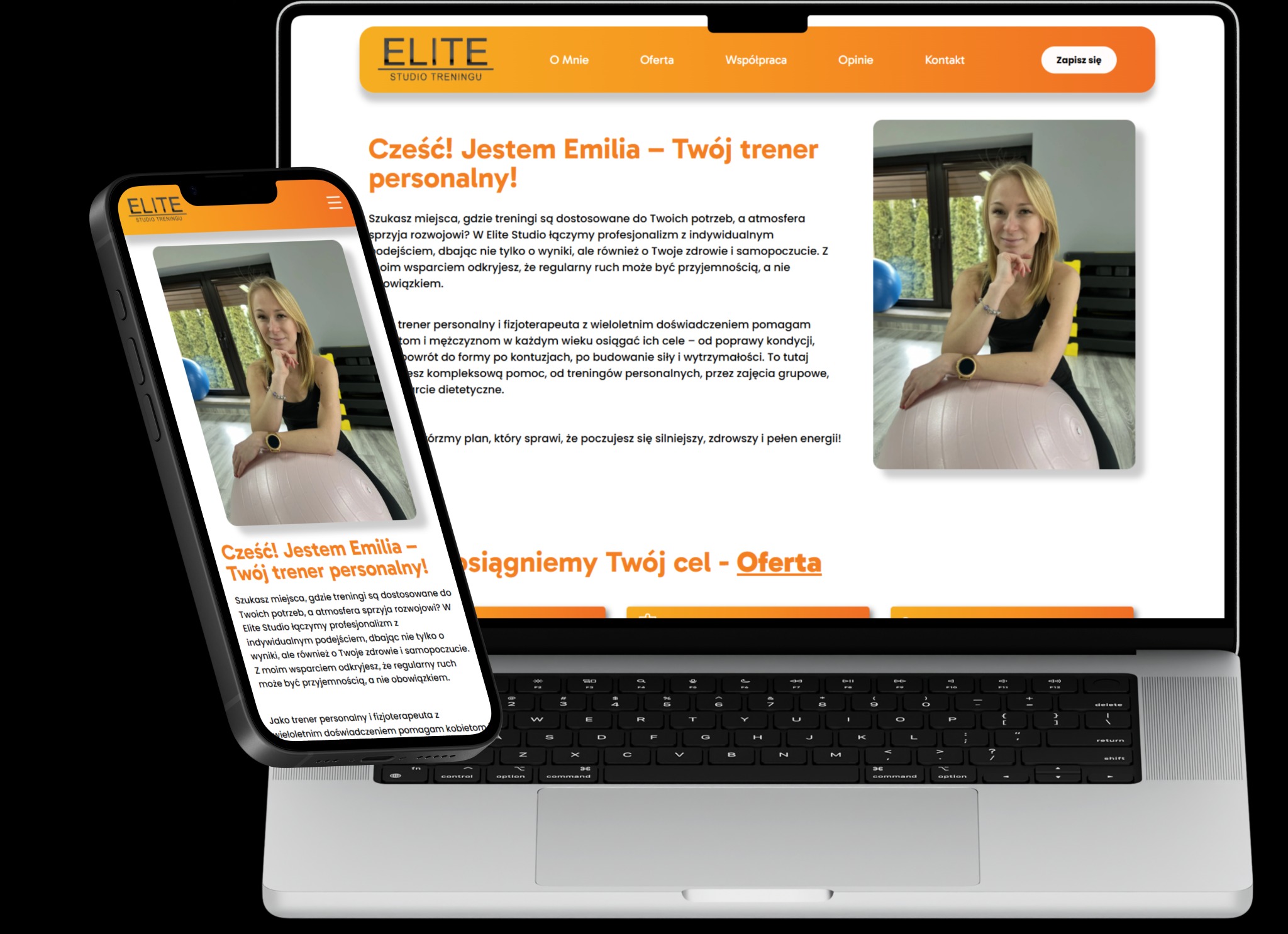 Laptop i smartfon wyświetlające stronę internetową studia treningowego Elite Studio Treningu z trenerką Emilią na różowej piłce do ćwiczeń. Widoczne menu strony, oferta oraz nagłówek 'Cześć! Jestem...
